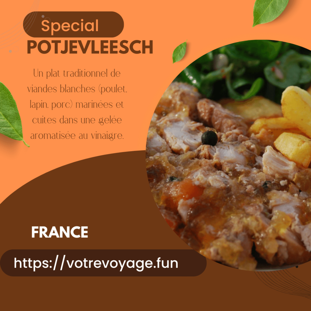 Potjevleesch:Un plat traditionnel de viandes blanches (poulet, lapin, porc) marinées et cuites dans une gelée aromatisée au vinaigre.