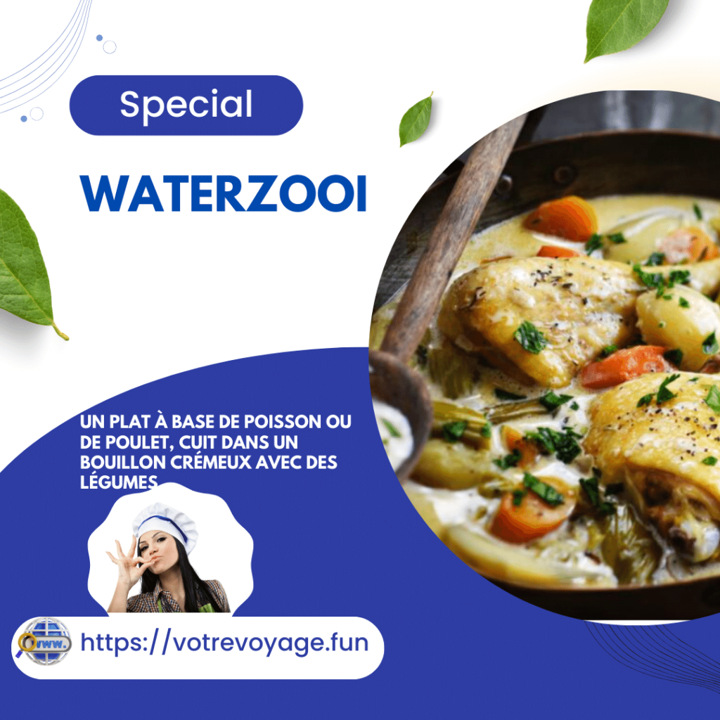 Waterzooï::Un plat à base de poisson ou de poulet, cuit dans un bouillon crémeux avec des légumes.