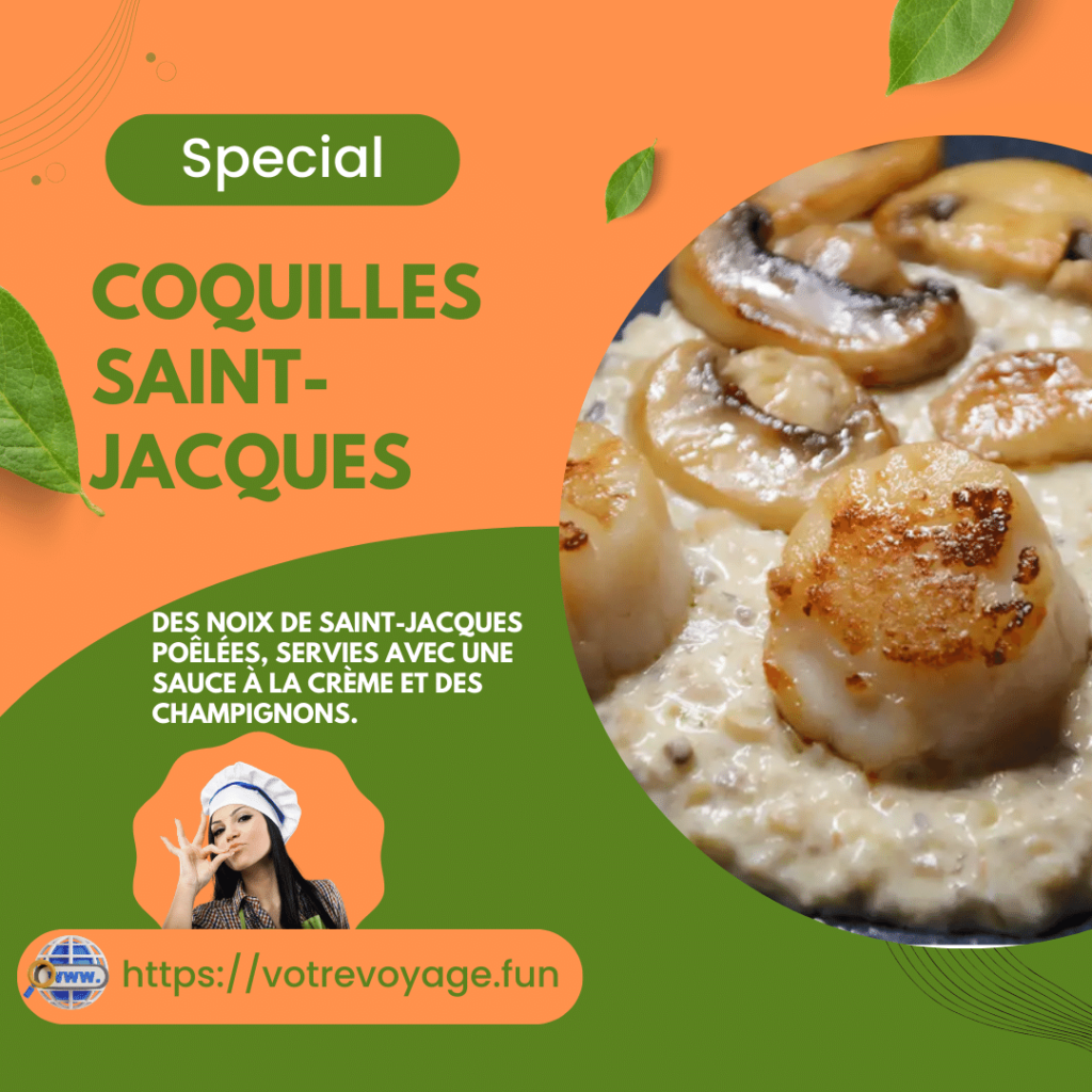 Des noix de Saint-Jacques poêlées, servies avec une sauce à la crème et des champignons.